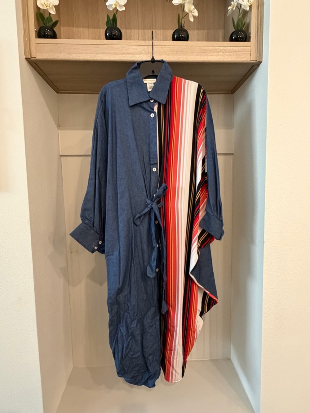 Blue Denim Button-Front Dress with Red Stripe Panel
